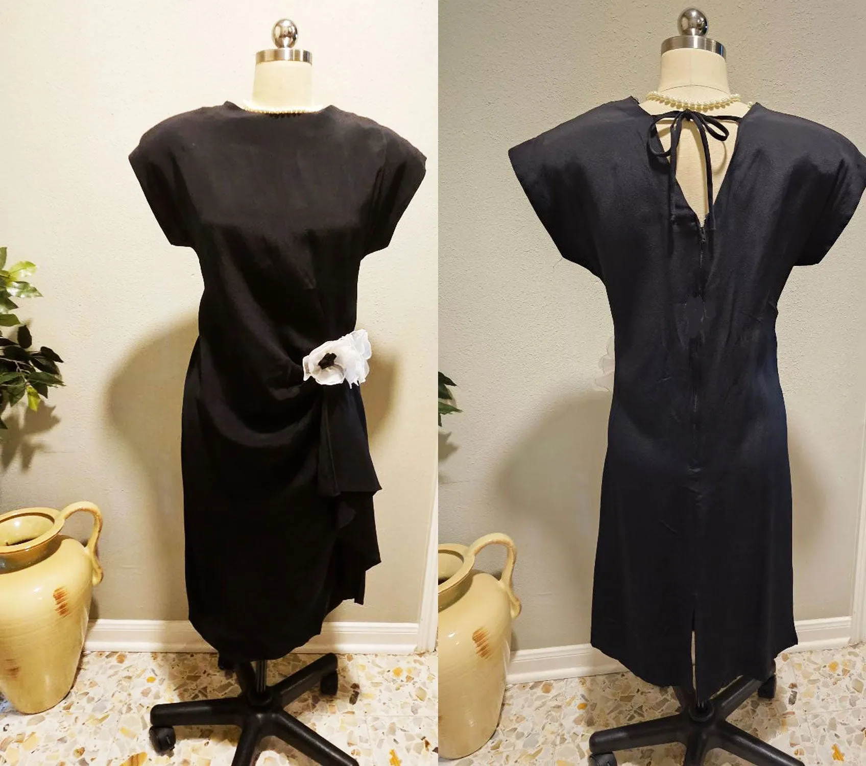 * VINTAGE '60S \ '70s BLACK CREPE DRESS WITH EMBROIDERED ORGANZA & SEQUIN FLOWERS AND V NECK BACK