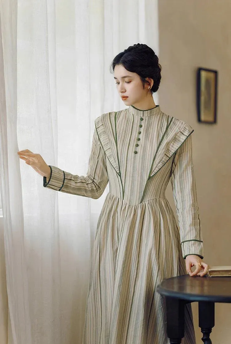 1900S Stand Collar Stripe Vintage Dress