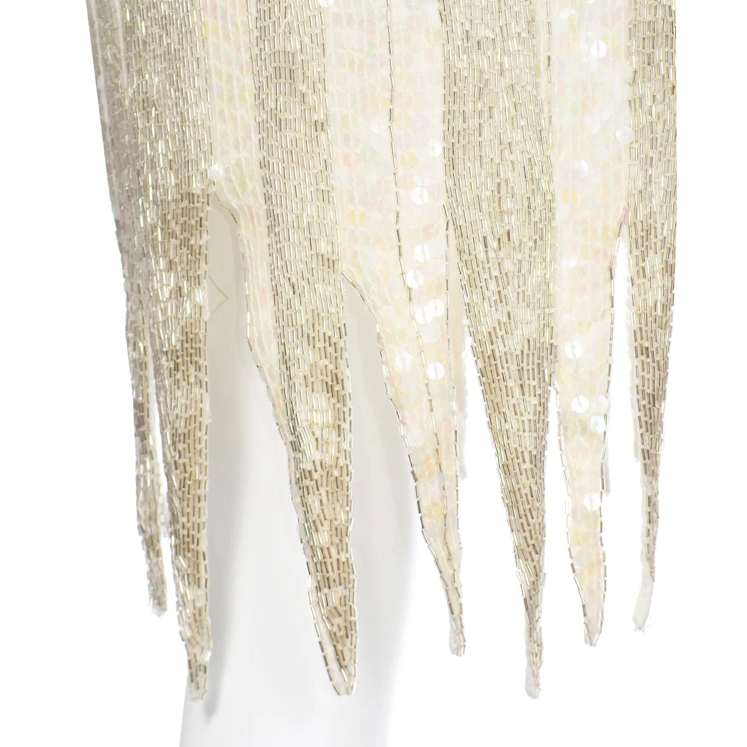 1920s Flapper Inspired Beaded Ivory & Silver Silk Evening Dress