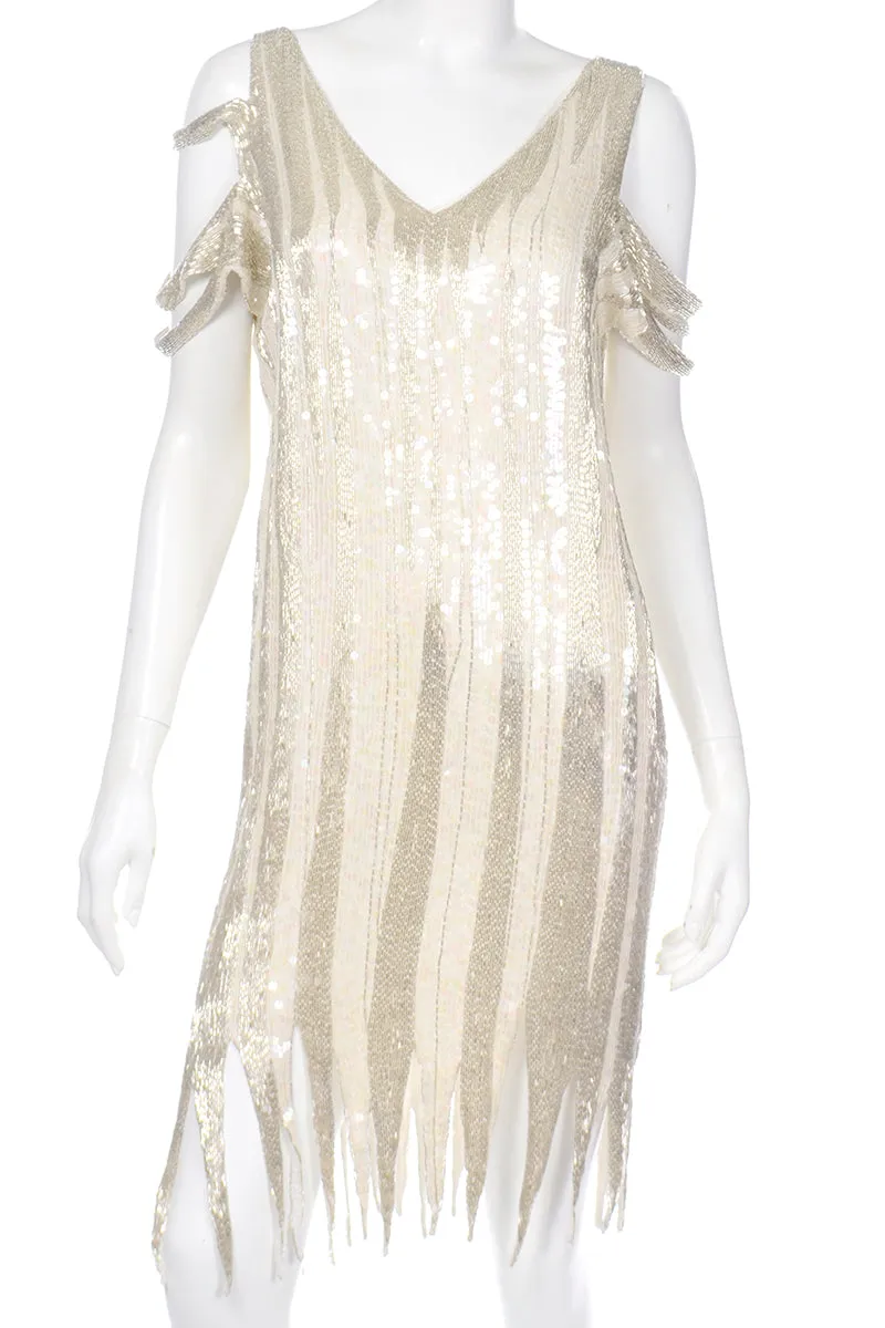 1920s Flapper Inspired Beaded Ivory & Silver Silk Evening Dress