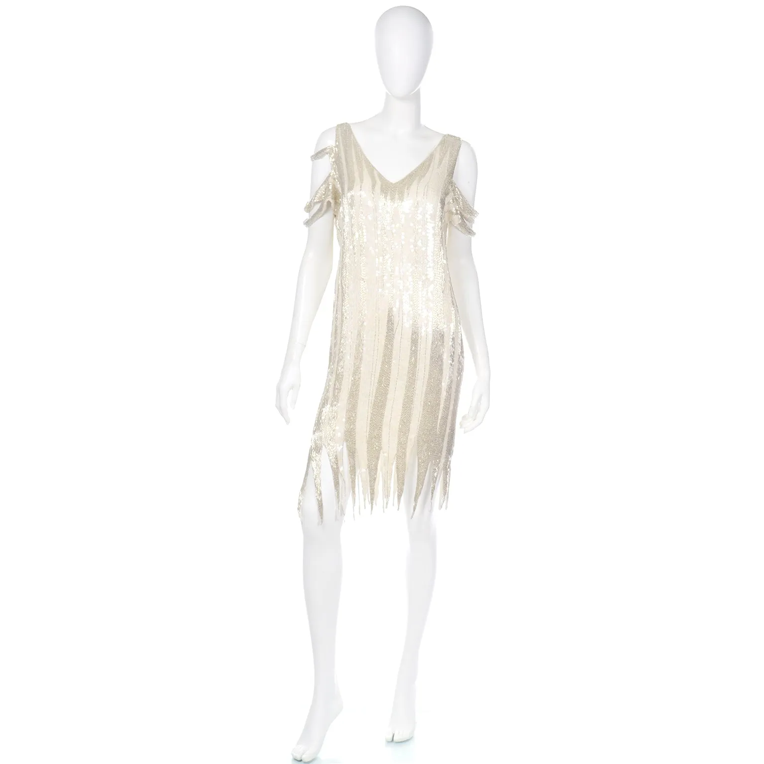 1920s Flapper Inspired Beaded Ivory & Silver Silk Evening Dress