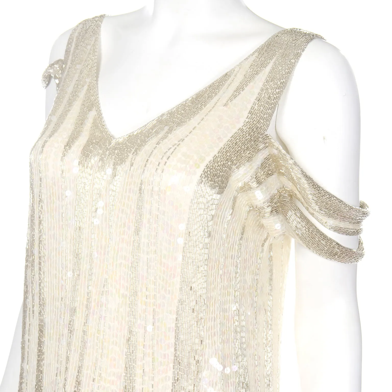 1920s Flapper Inspired Beaded Ivory & Silver Silk Evening Dress