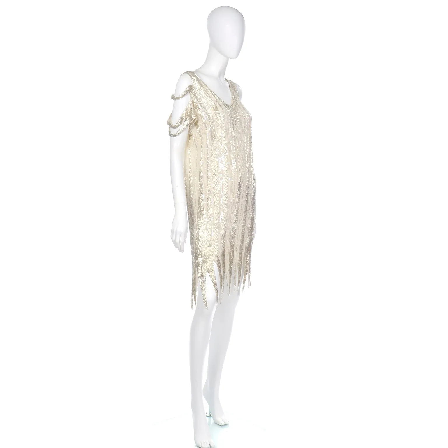 1920s Flapper Inspired Beaded Ivory & Silver Silk Evening Dress