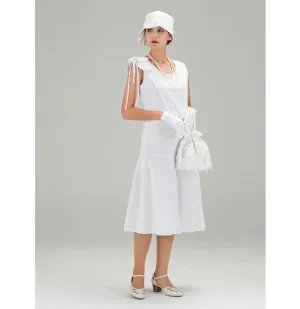 1920s high tea dress in white cotton with bow on shoulder