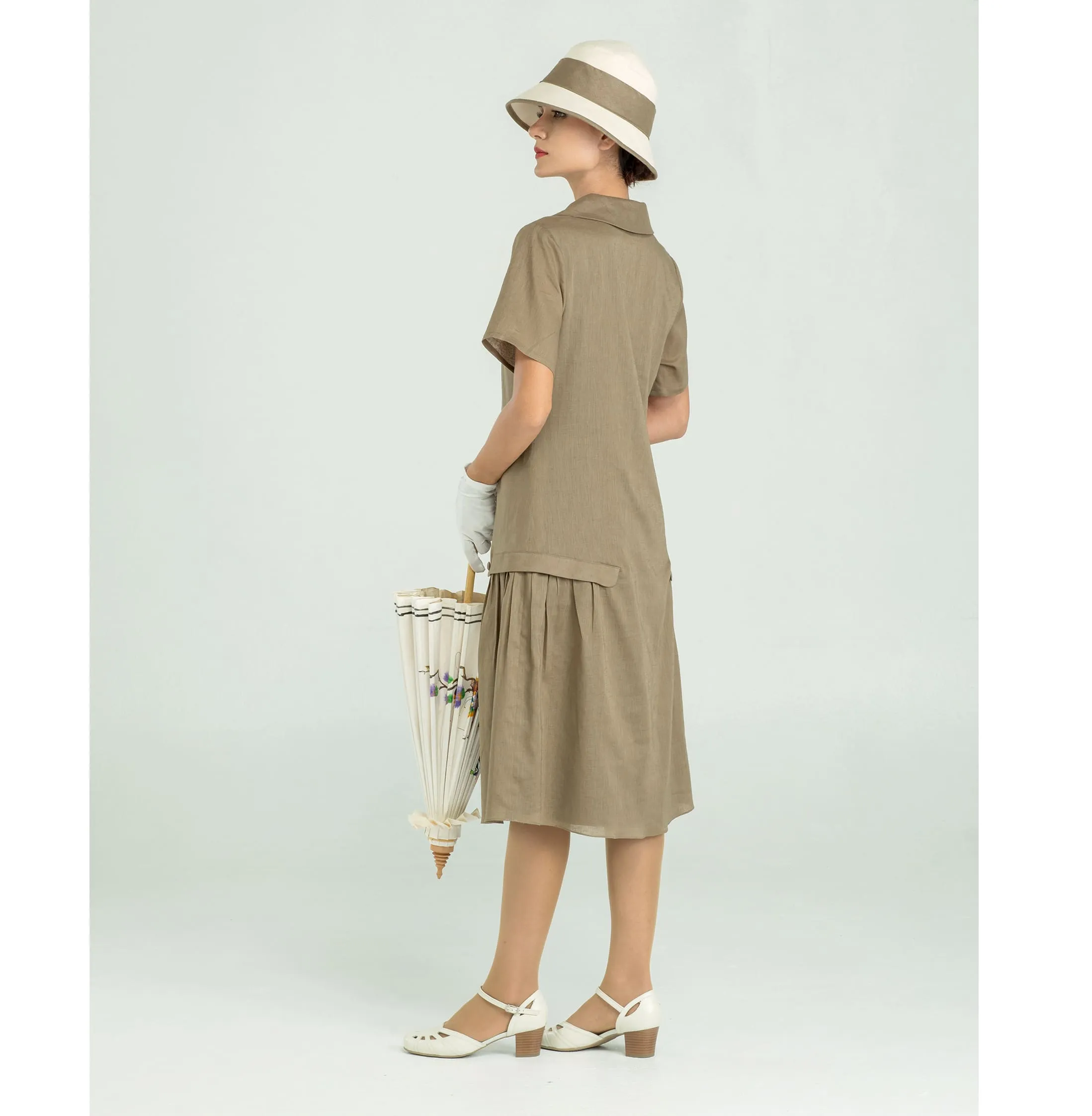 1920s linen dress in olive green with puritan collar