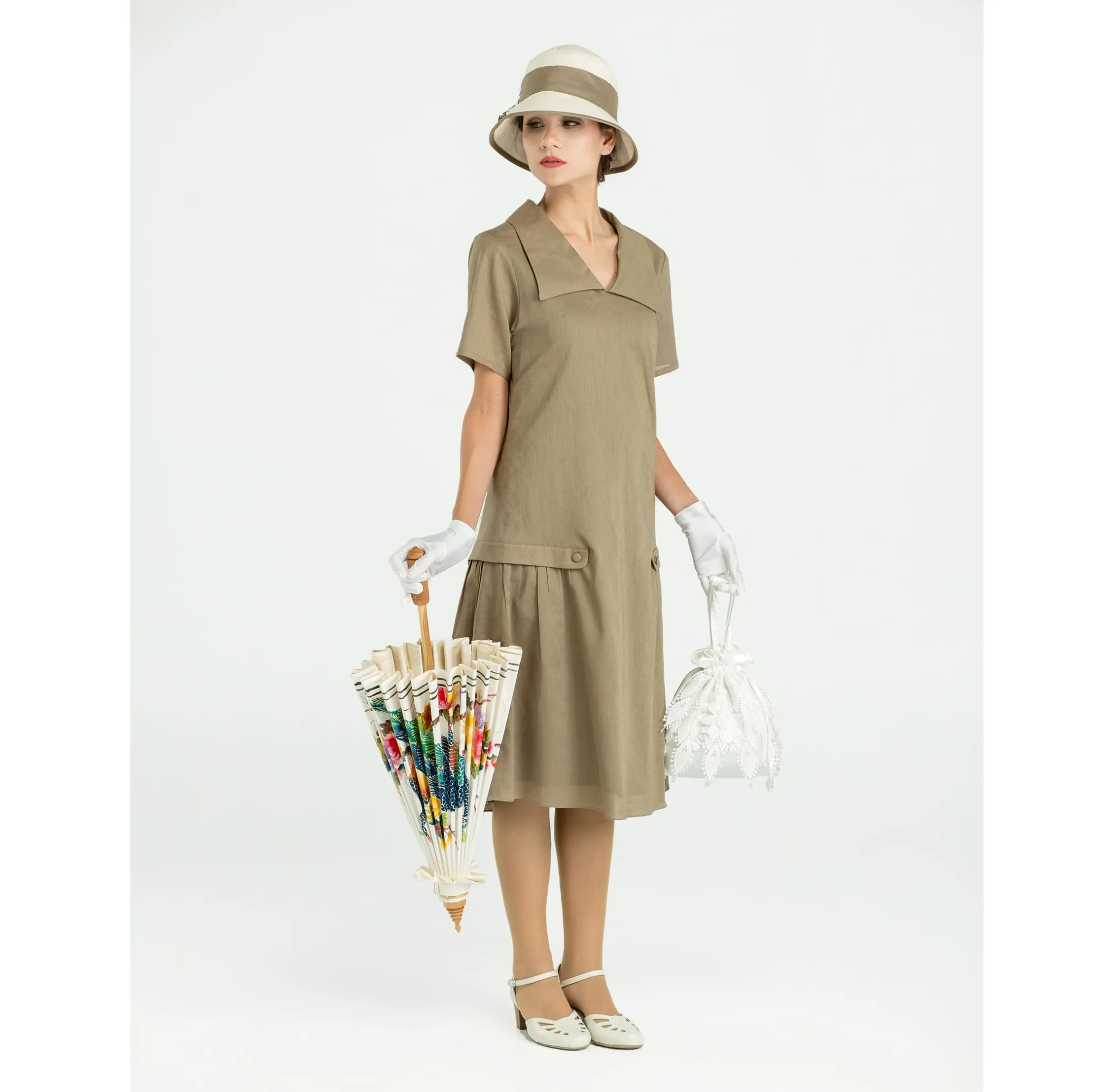 1920s linen dress in olive green with puritan collar