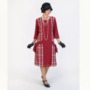 1920s reproduction dress in maroon red and off-white plaid