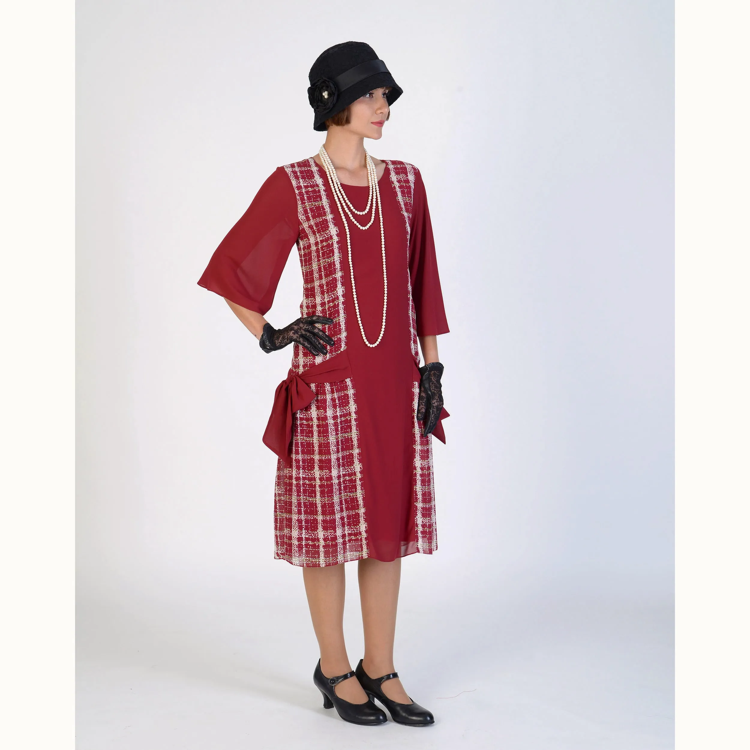 1920s reproduction dress in maroon red and off-white plaid