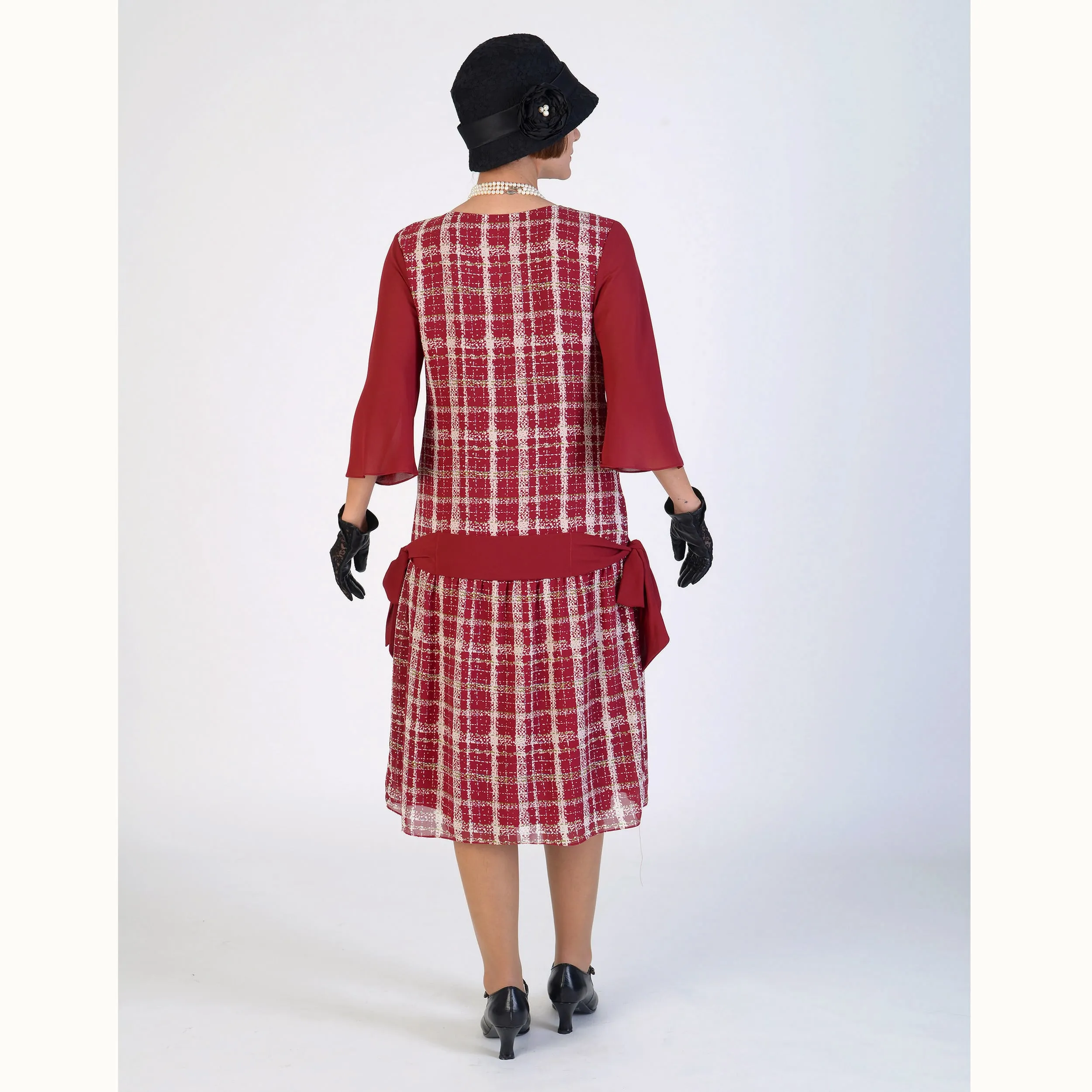 1920s reproduction dress in maroon red and off-white plaid