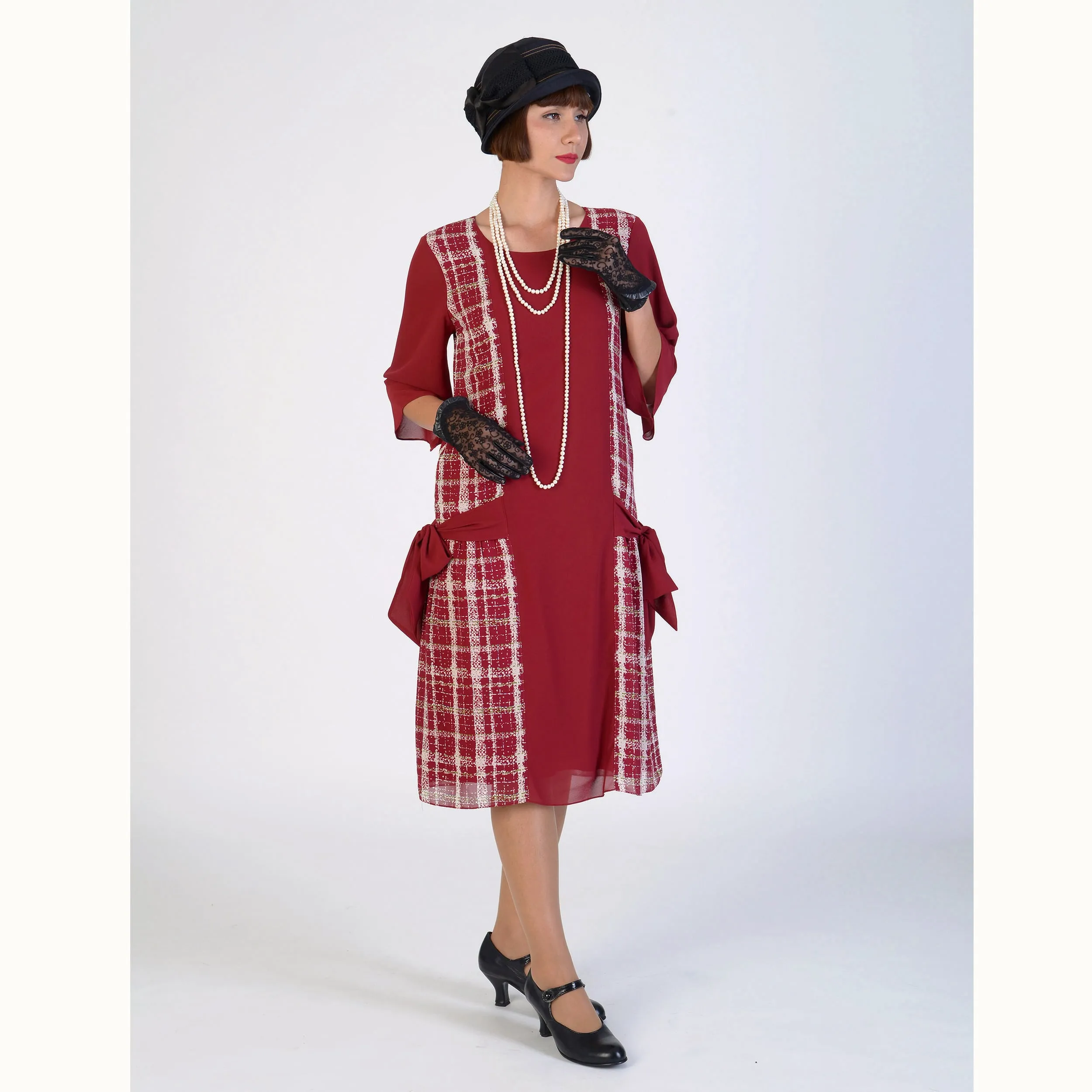 1920s reproduction dress in maroon red and off-white plaid