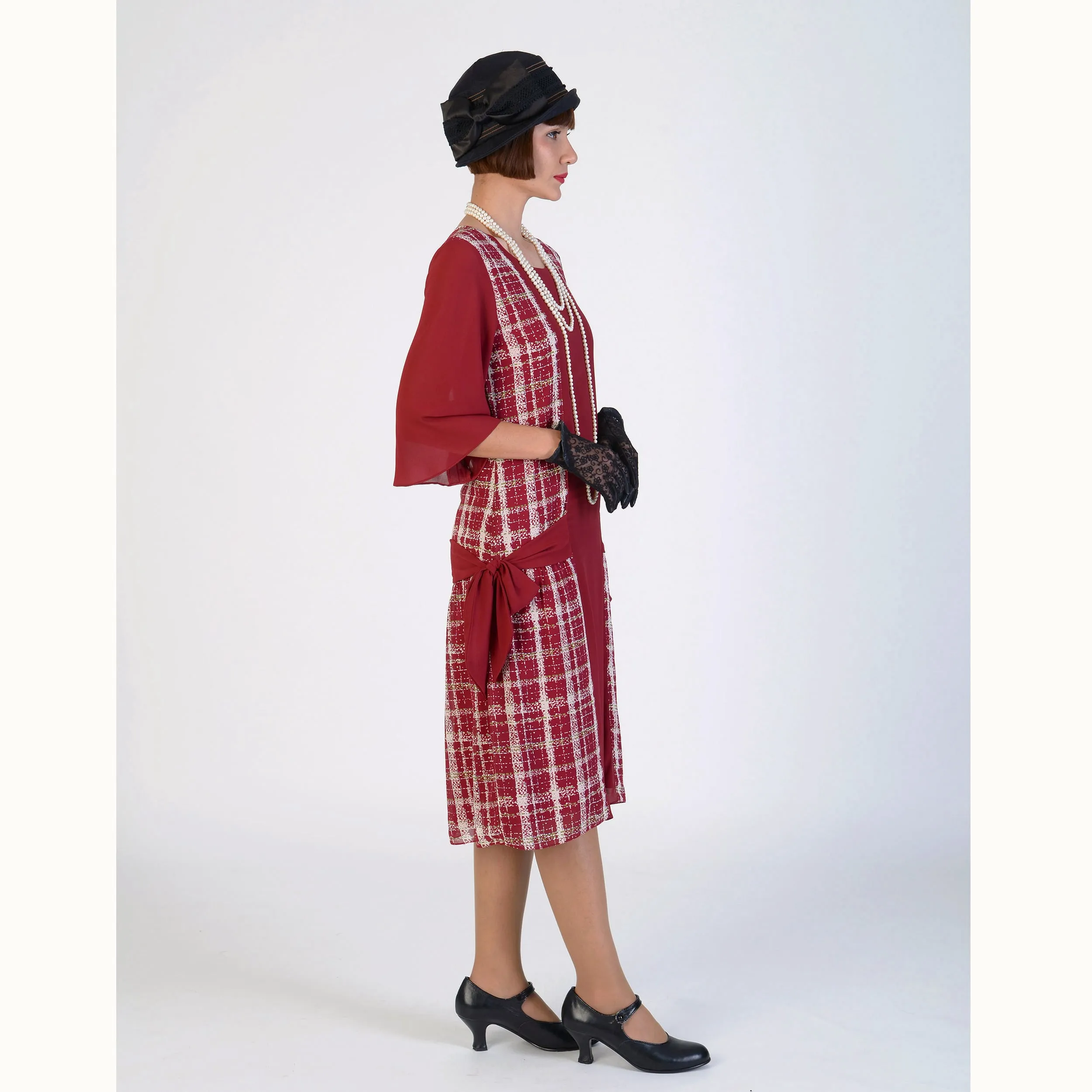 1920s reproduction dress in maroon red and off-white plaid