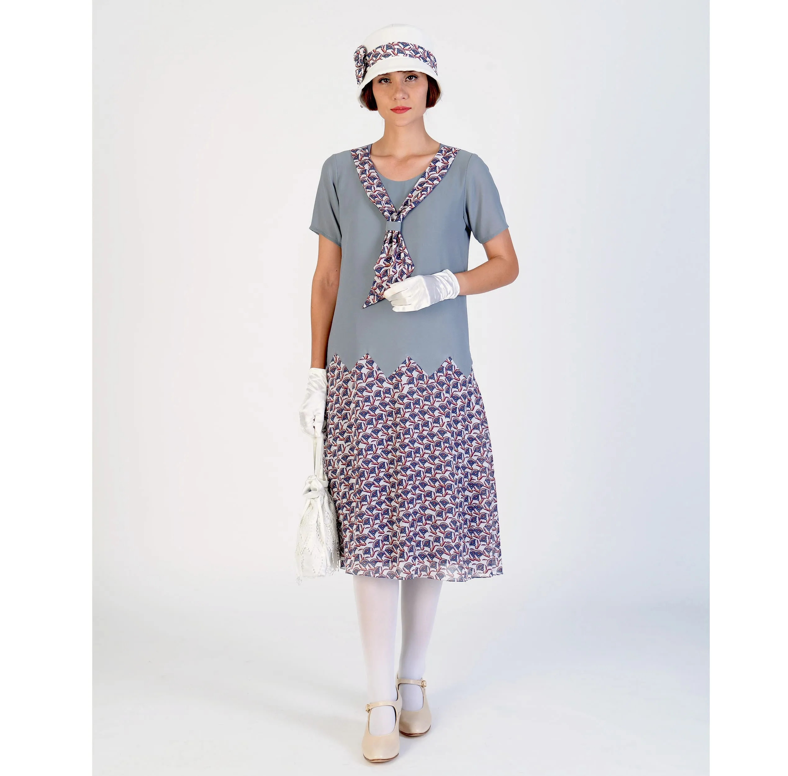 1920s reproduction dress with zig zag detail in grey and floral print