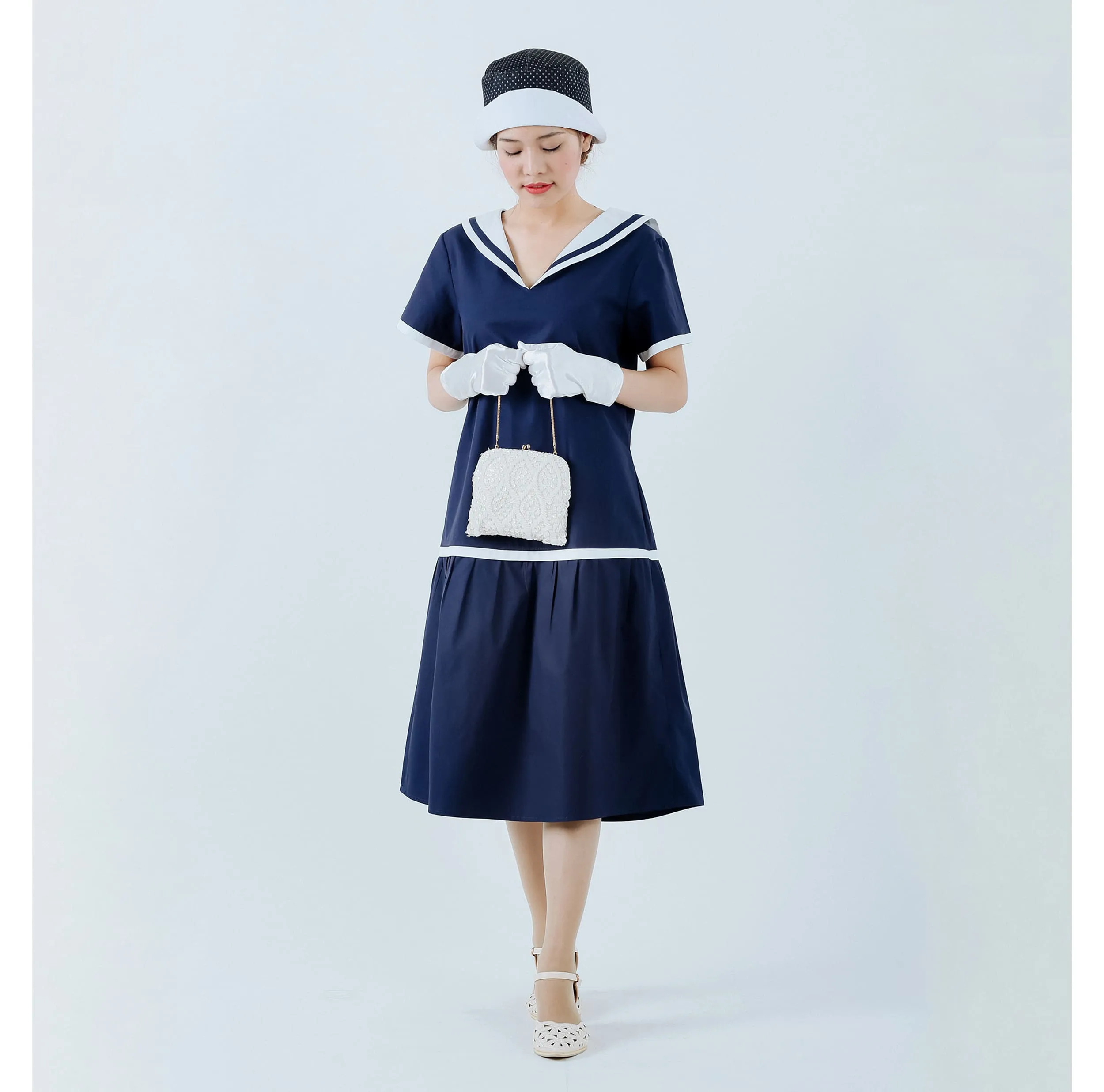 1920s sailor dress in navy and pure white cotton