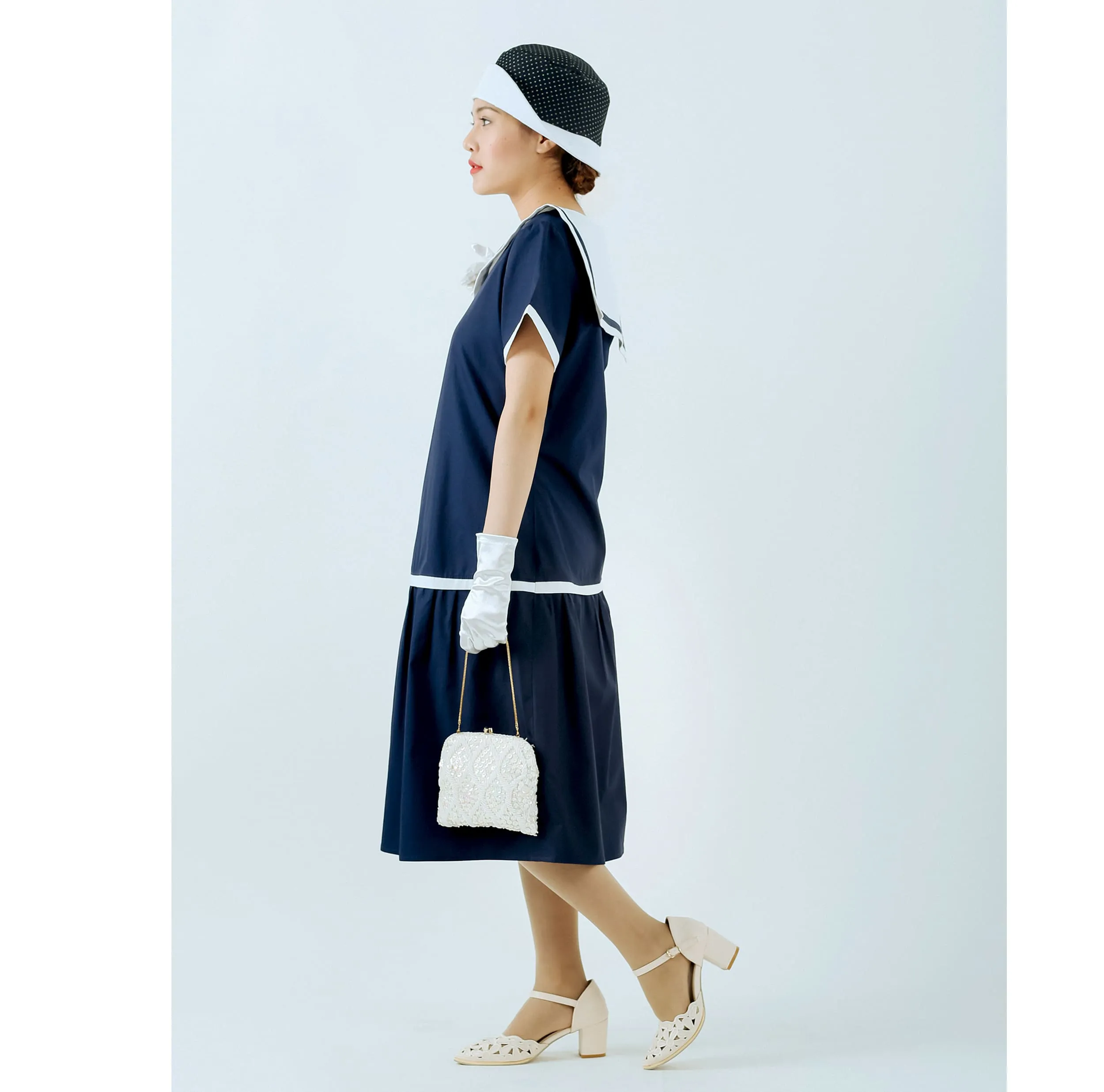 1920s sailor dress in navy and pure white cotton