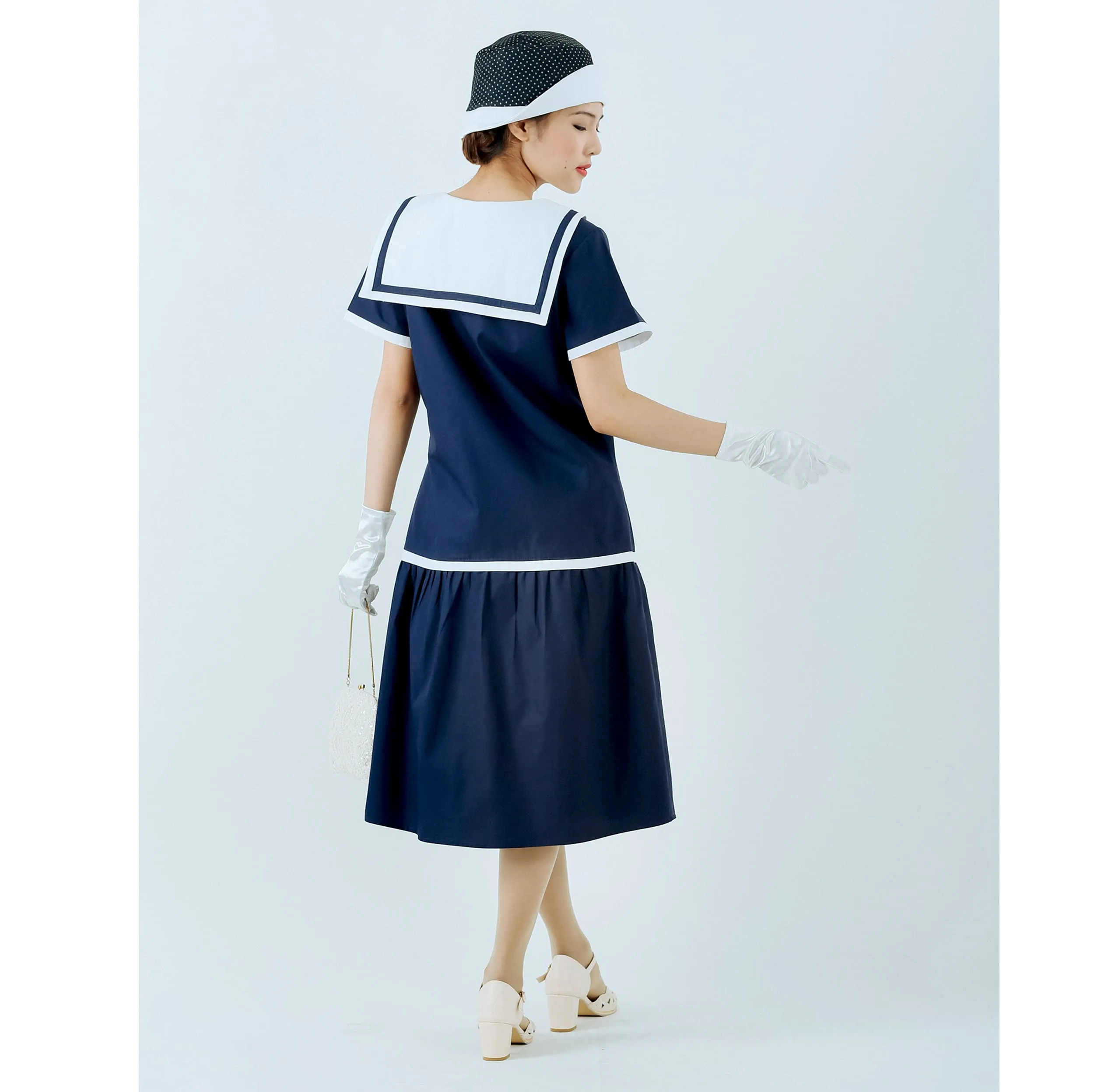 1920s sailor dress in navy and pure white cotton