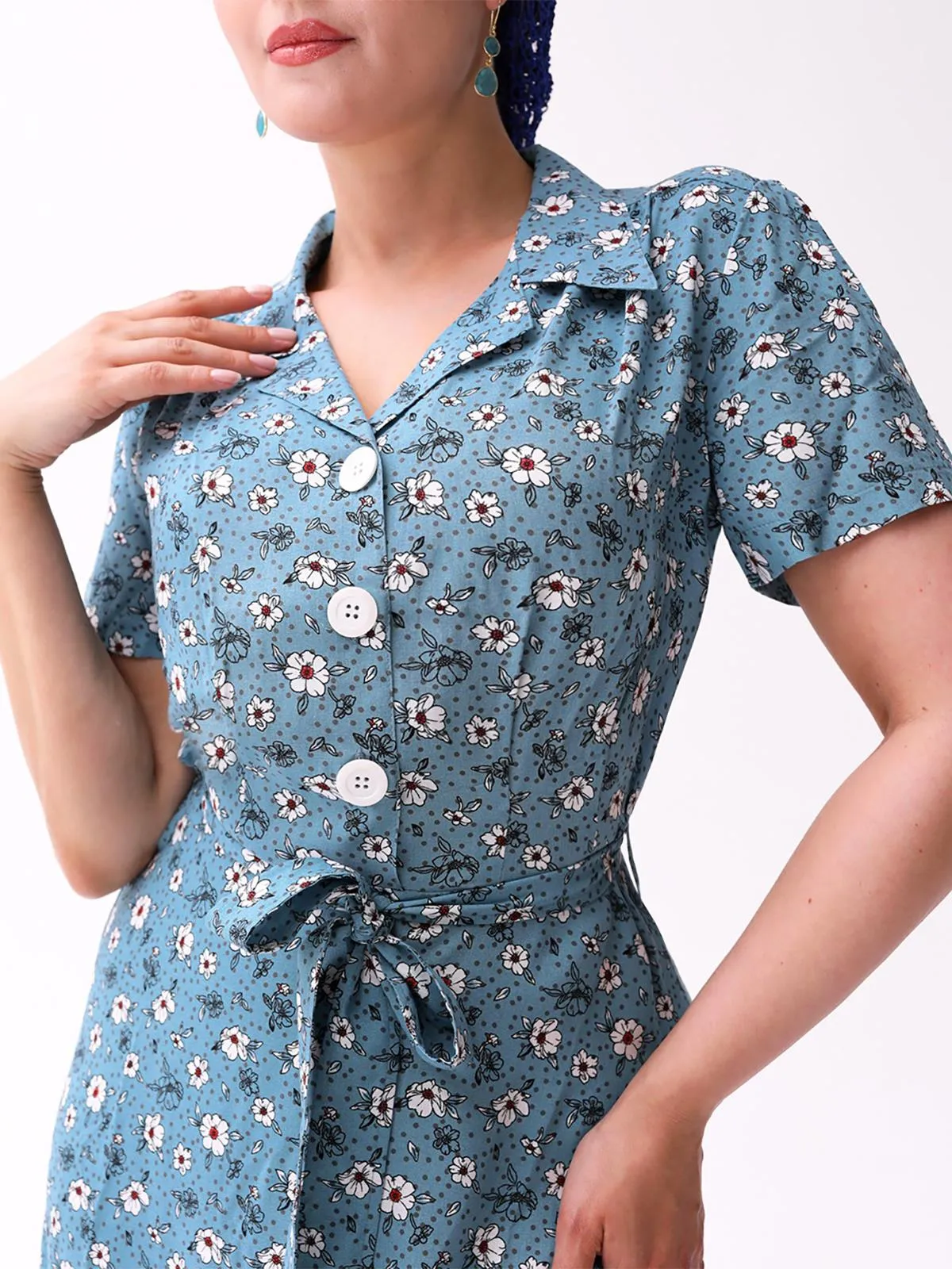 1940s Inspired Blue Ditsy Floral Shirt Dress