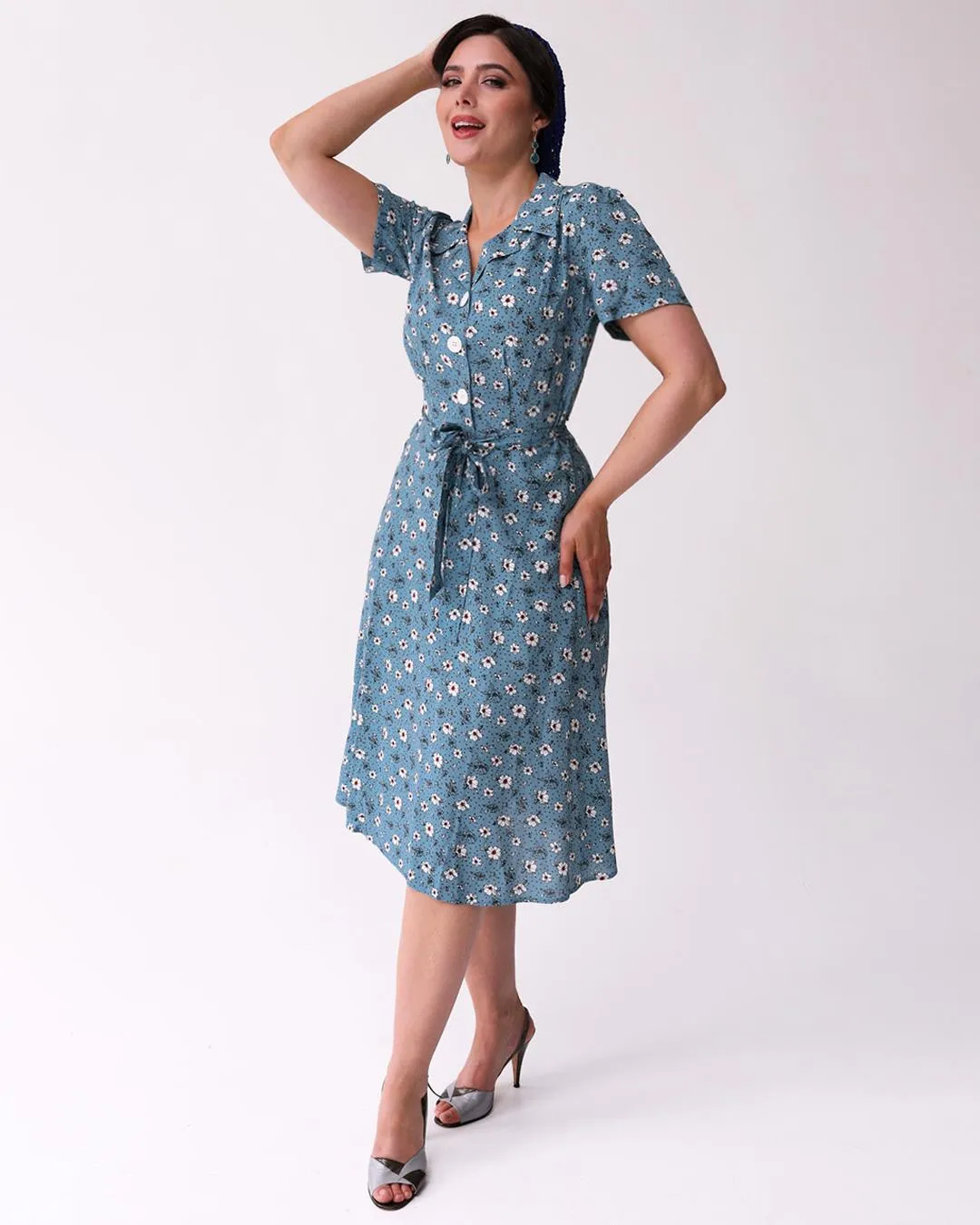 1940s Inspired Blue Ditsy Floral Shirt Dress