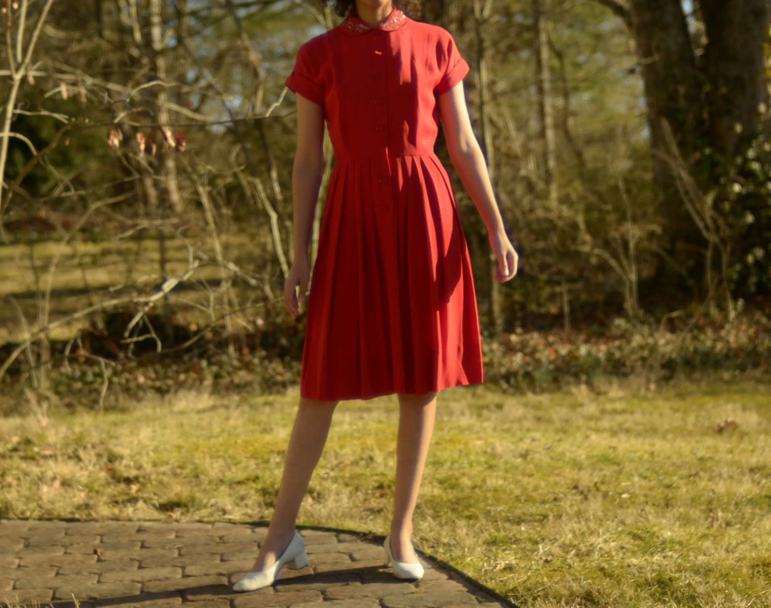 1940s rayon crepe fit and flare dress with beaded Peter Pan collar, small