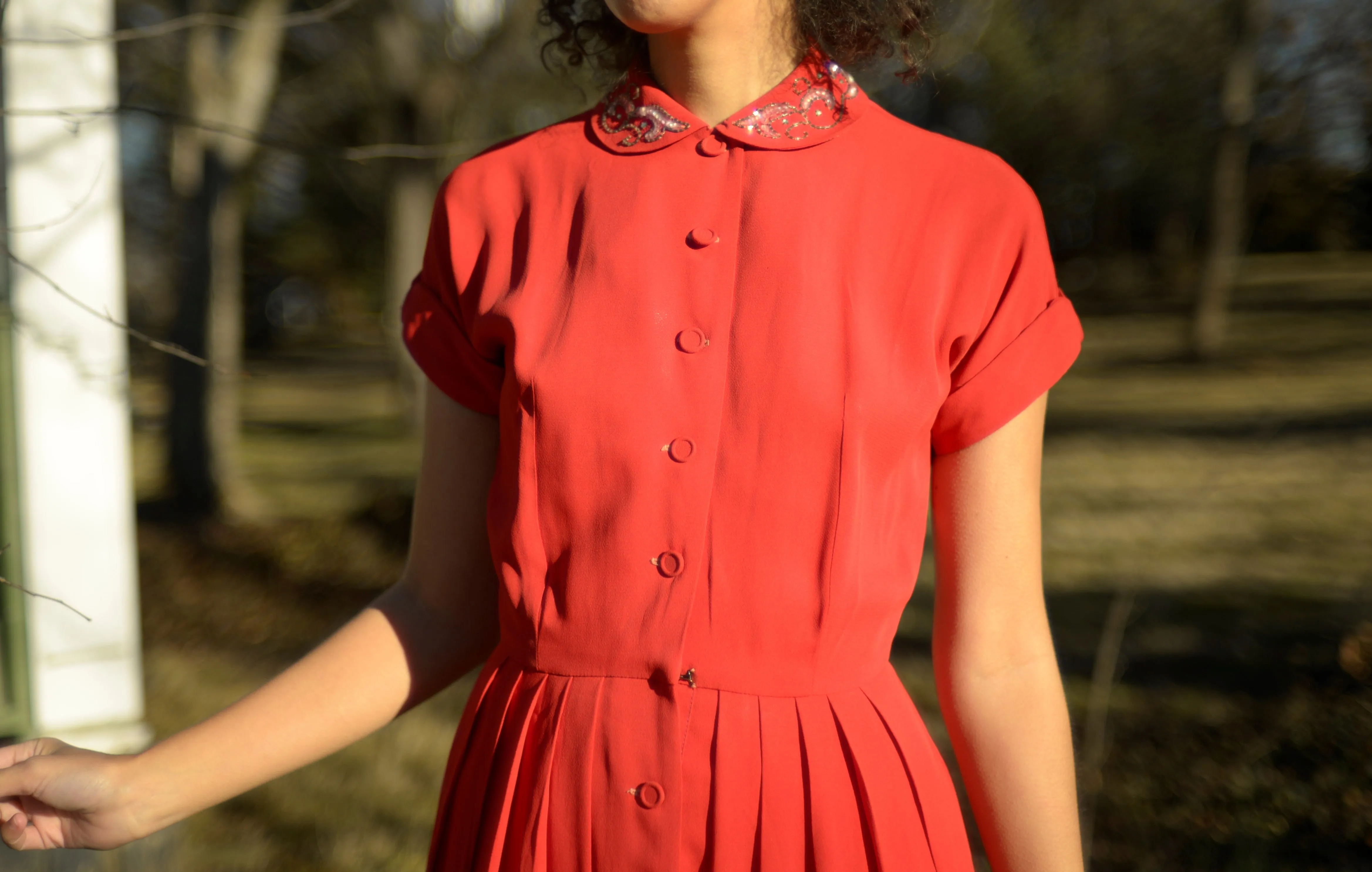 1940s rayon crepe fit and flare dress with beaded Peter Pan collar, small