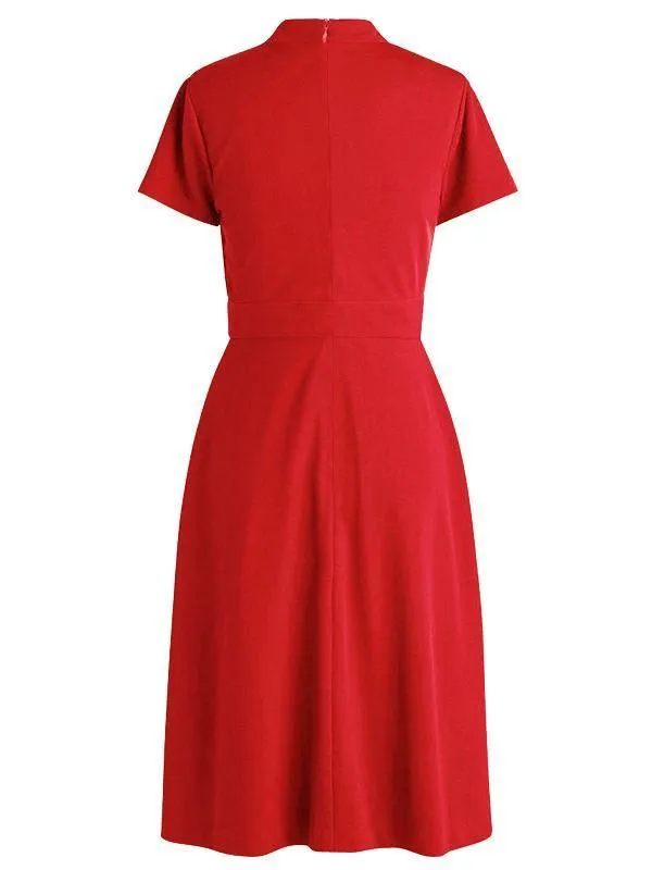 1940s Solid Front Pleated Bow Dress