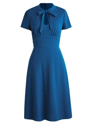 1940s Solid Front Pleated Bow Dress