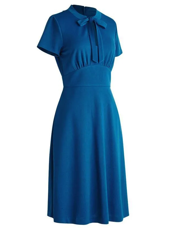 1940s Solid Front Pleated Bow Dress