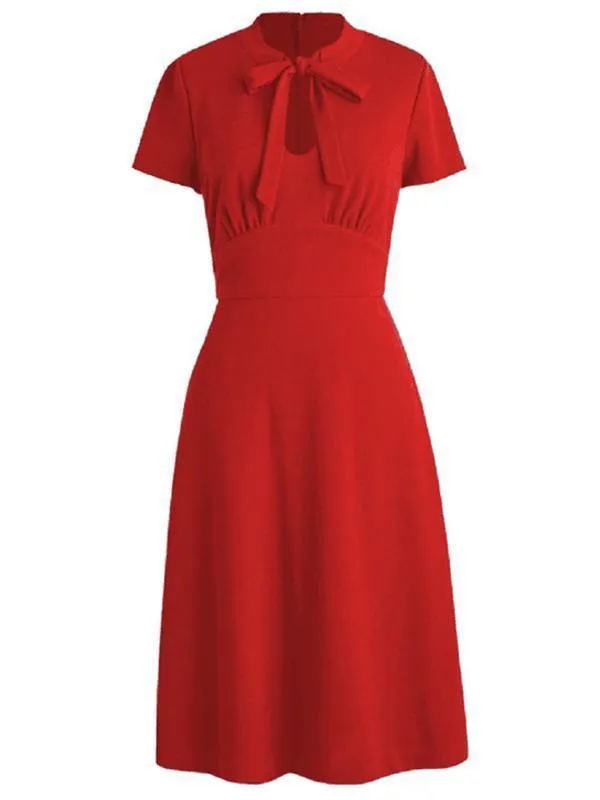 1940s Solid Front Pleated Bow Dress