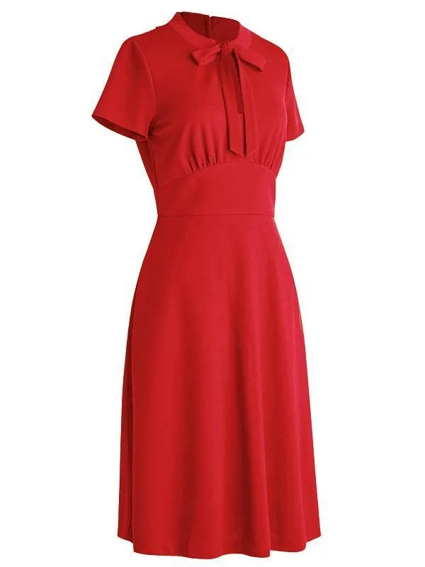 1940s Solid Front Pleated Bow Dress