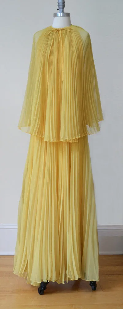 1960s MOD Pleated Marigold Chiffon Maxi Dress and Cape by Miss Bergdorf