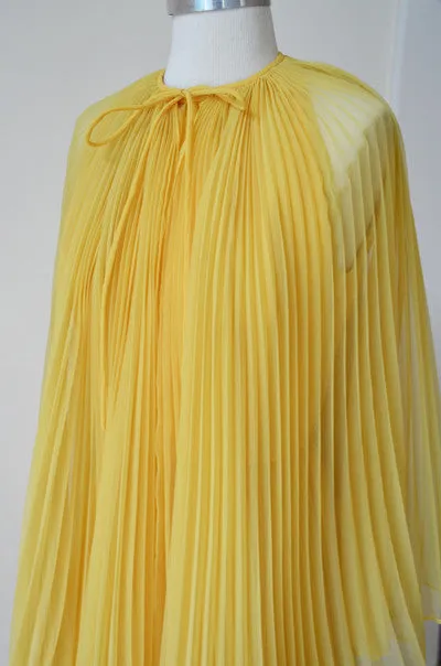 1960s MOD Pleated Marigold Chiffon Maxi Dress and Cape by Miss Bergdorf