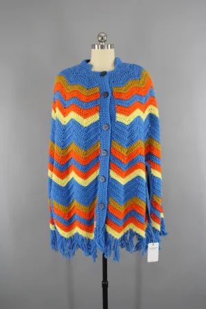 1960s Vintage Cape / Blue & Orange Chevron Knit