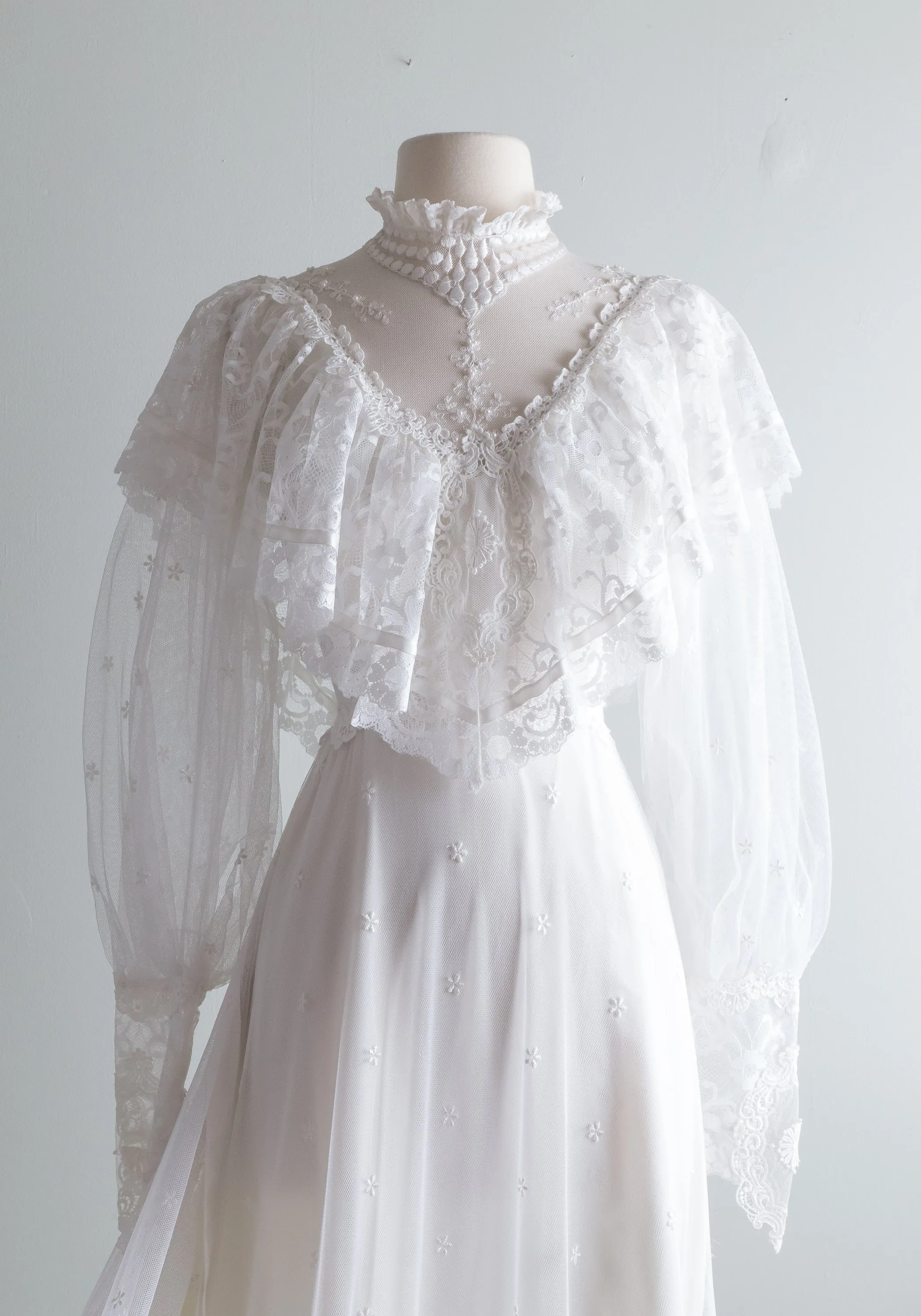 1970s Victorian Inspired Wedding Gown With Balloon Sleeves and Embroidered Lace / Small