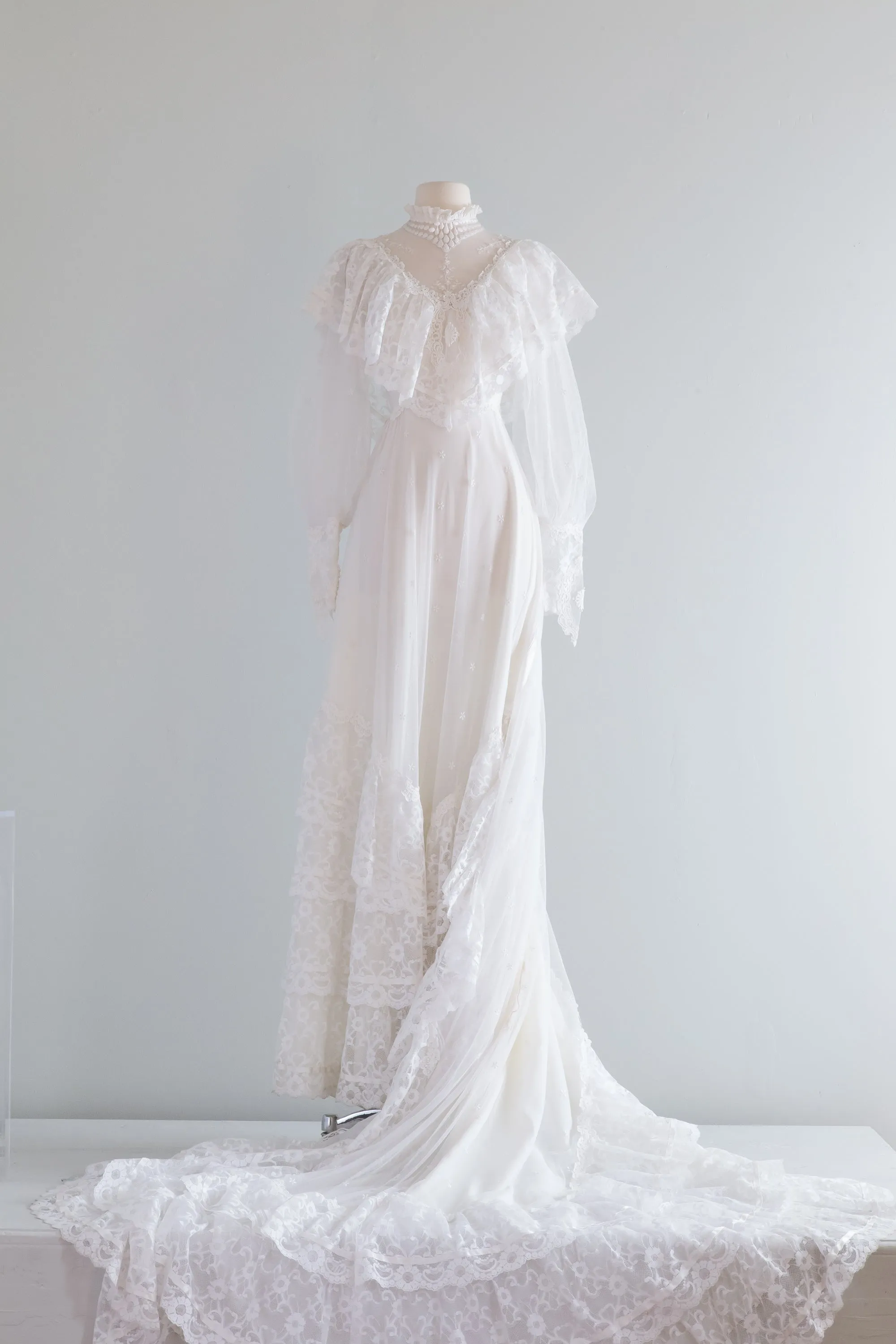 1970s Victorian Inspired Wedding Gown With Balloon Sleeves and Embroidered Lace / Small