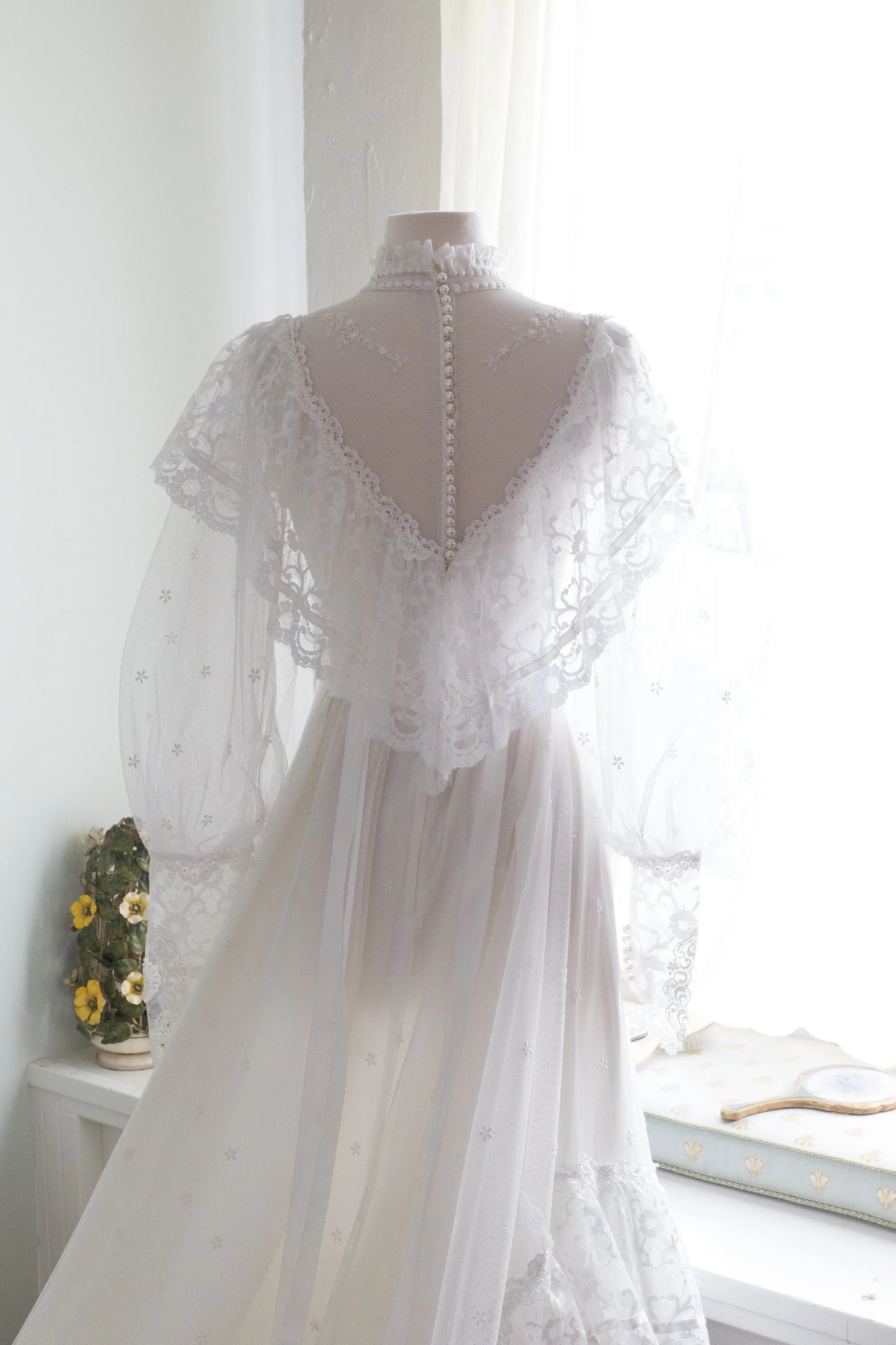 1970s Victorian Inspired Wedding Gown With Balloon Sleeves and Embroidered Lace / Small