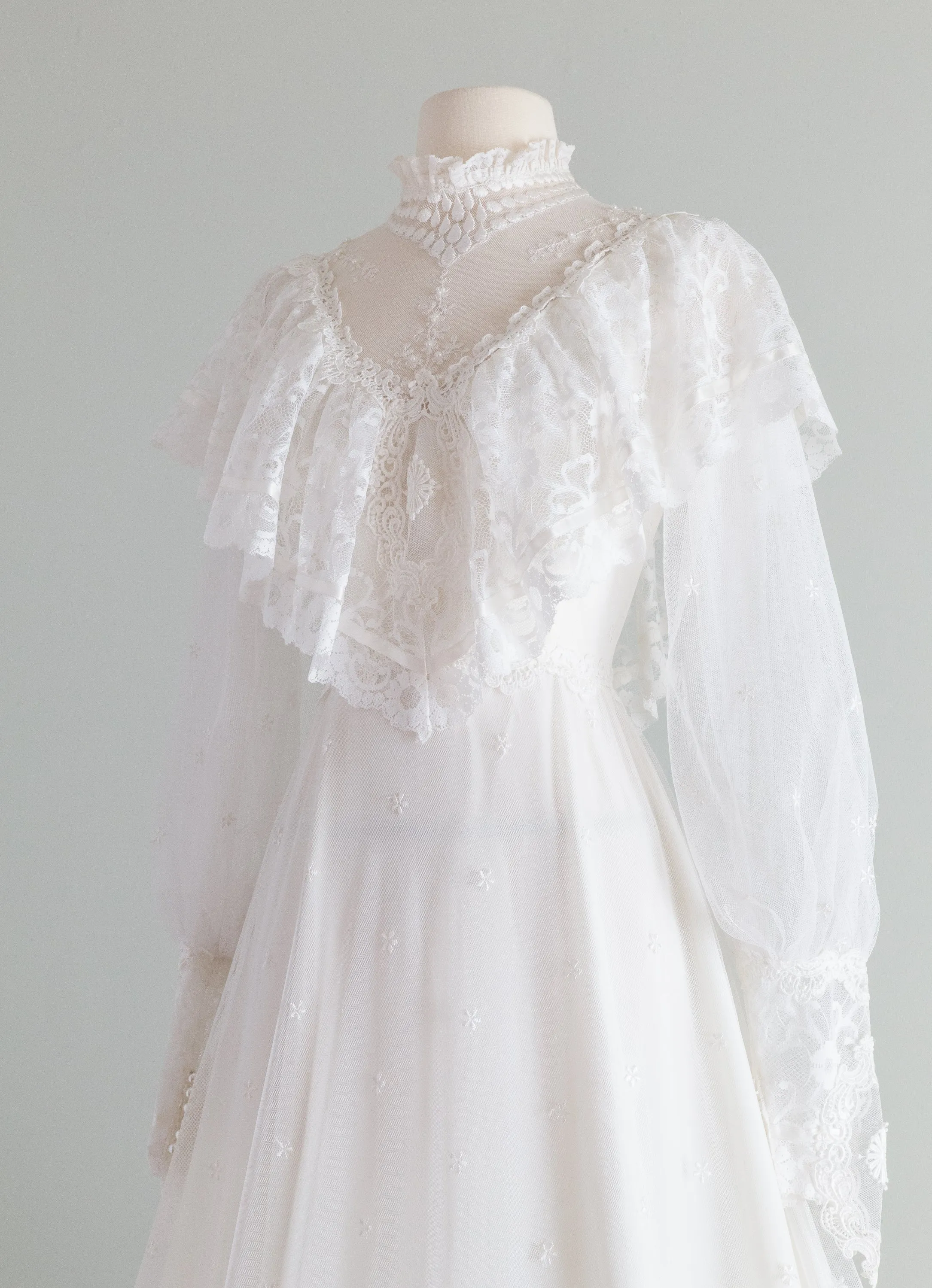 1970s Victorian Inspired Wedding Gown With Balloon Sleeves and Embroidered Lace / Small