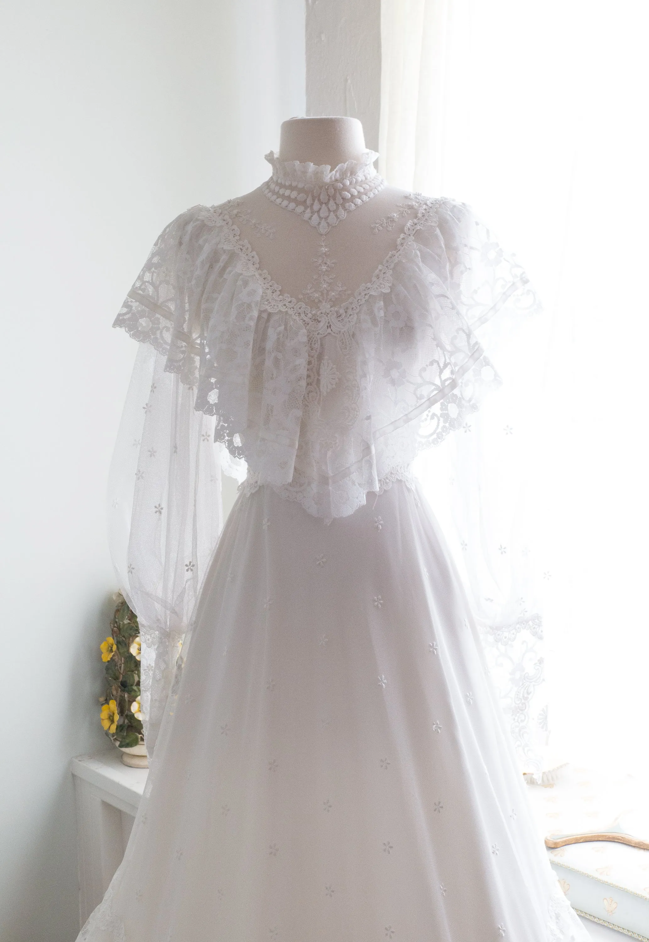 1970s Victorian Inspired Wedding Gown With Balloon Sleeves and Embroidered Lace / Small