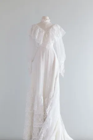 1970s Victorian Inspired Wedding Gown With Balloon Sleeves and Embroidered Lace / Small