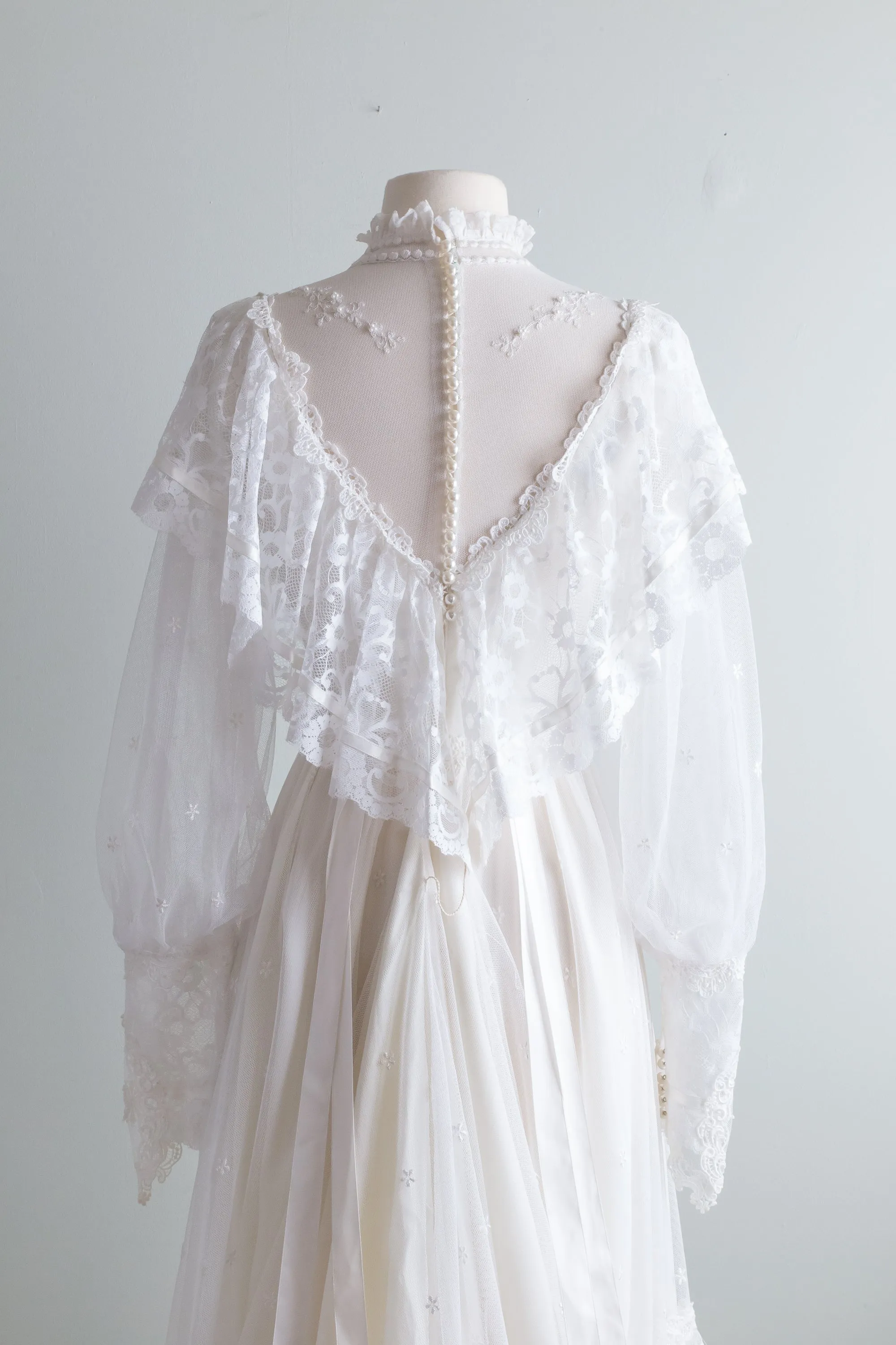 1970s Victorian Inspired Wedding Gown With Balloon Sleeves and Embroidered Lace / Small