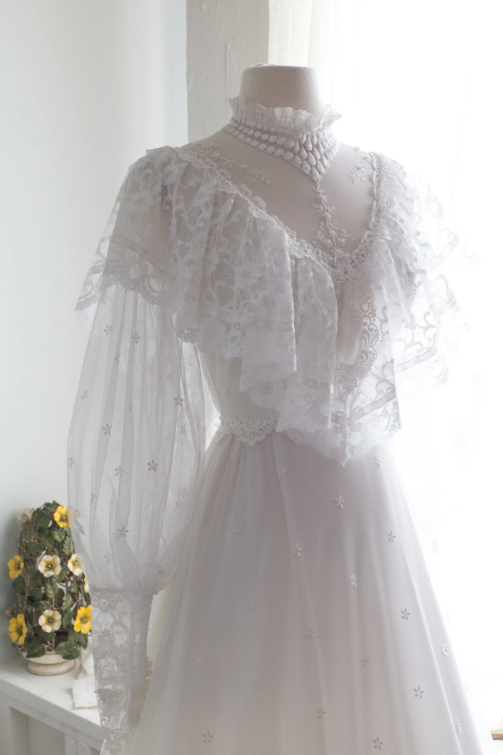 1970s Victorian Inspired Wedding Gown With Balloon Sleeves and Embroidered Lace / Small