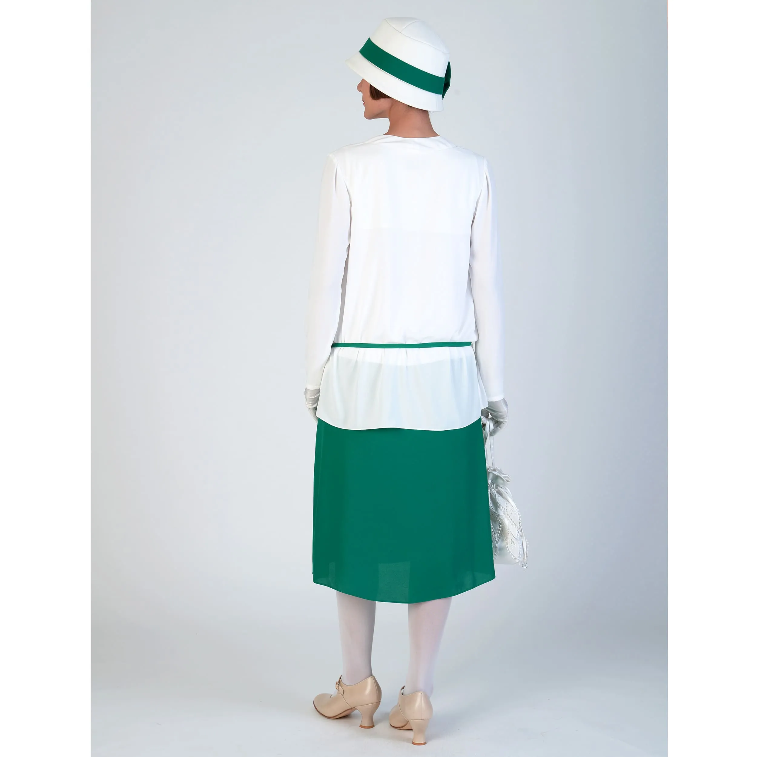 2-piece 1920s-inspired day dress in off-white & green chiffon