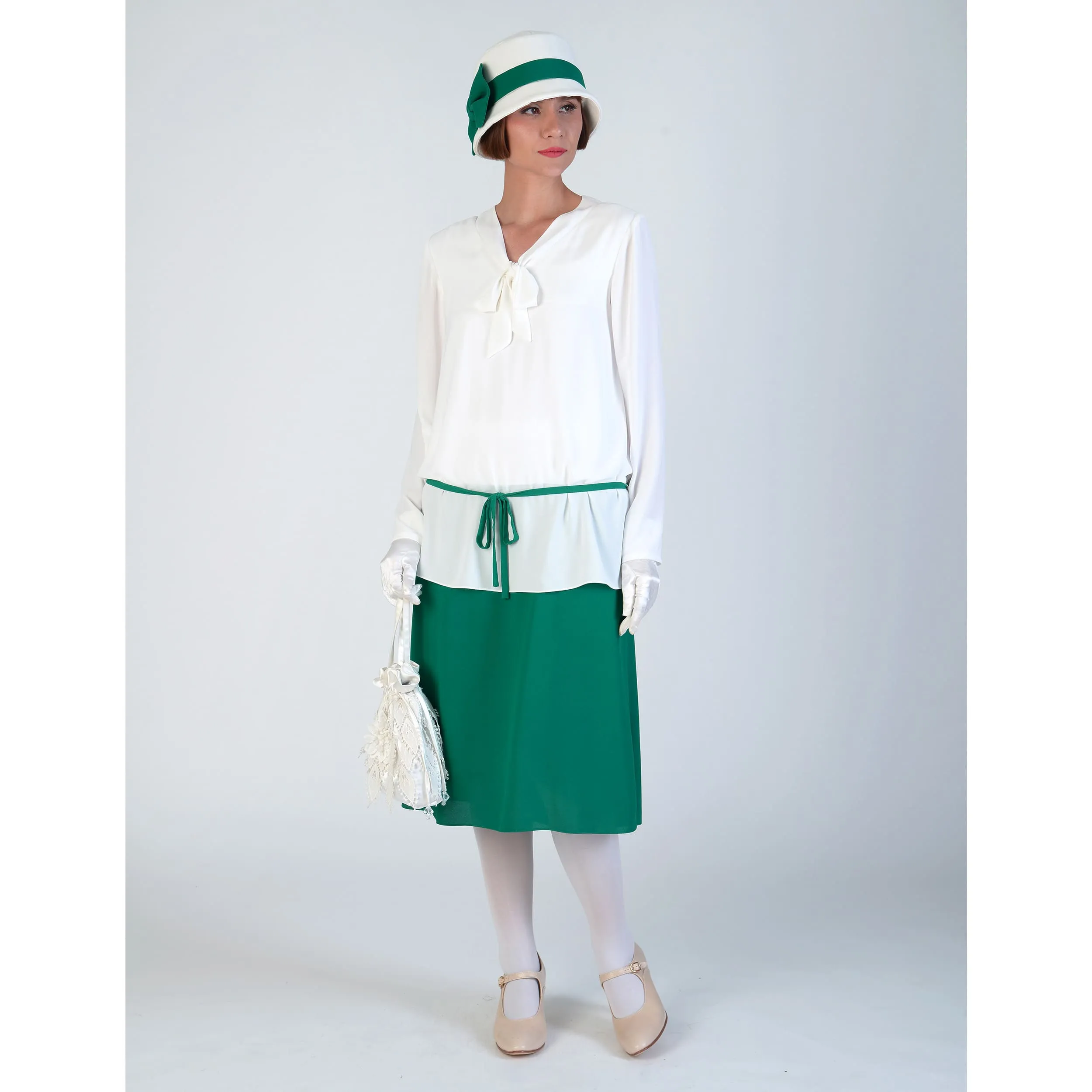 2-piece 1920s-inspired day dress in off-white & green chiffon