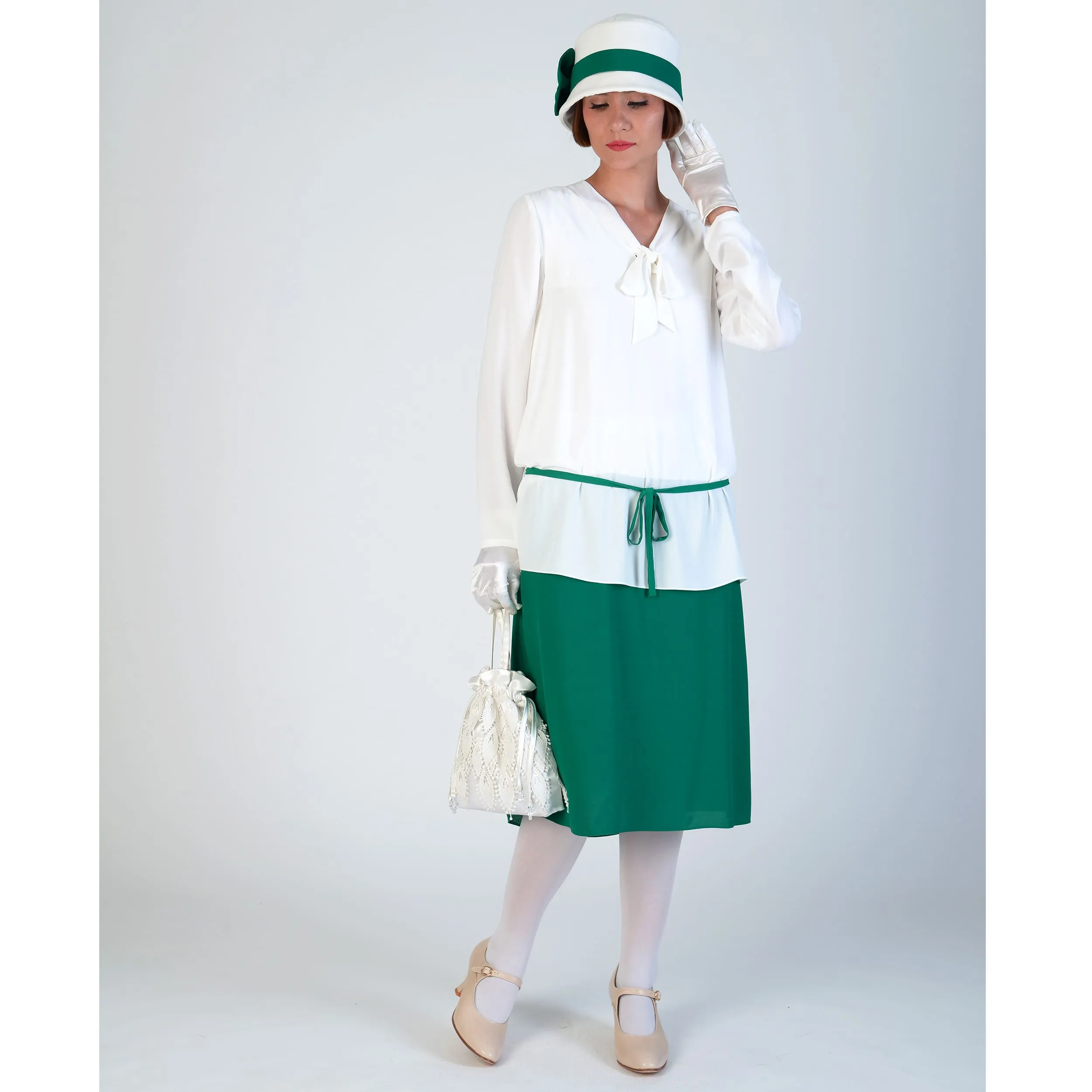 2-piece 1920s-inspired day dress in off-white & green chiffon