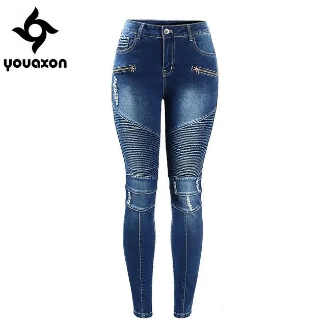 2077 Youaxon Women`s Motorcycle Biker Zip Mid High Waist Stretch Skinny Pants Motor Jeans For Women