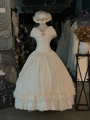 50s inspired Off Shoulders Tea Length Vintage Wedding Dress