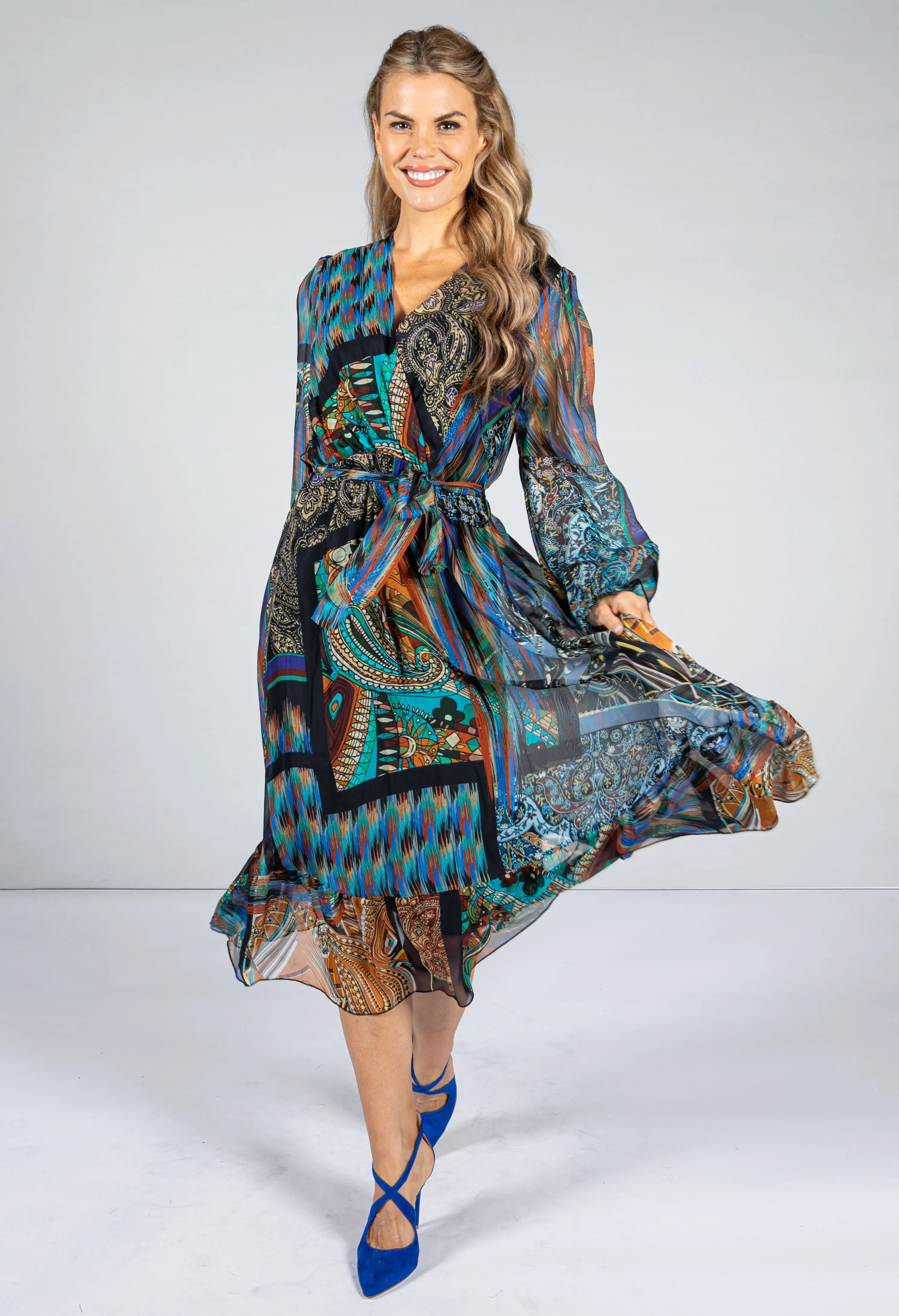 70's Inspired Printed Silk Mix Dress