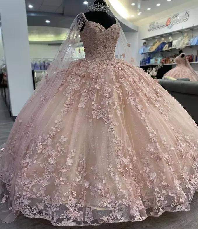 A Line Light Pink Tulle Prom Dress Puffy Quinceanera Dresses Ball Gown        fg3965