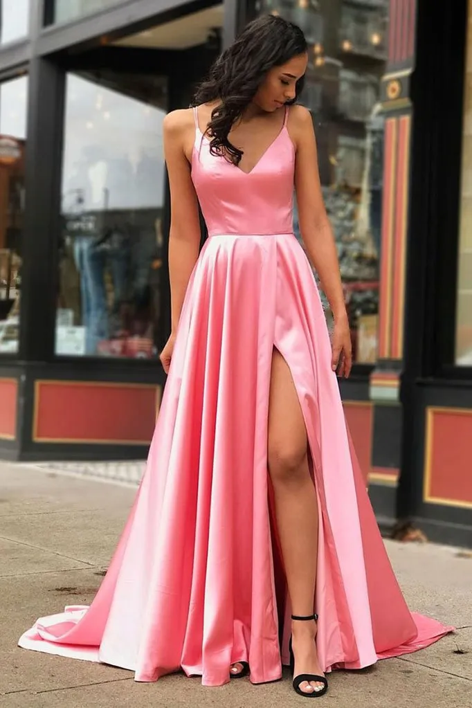 A line Long Coral Pink Prom Dress