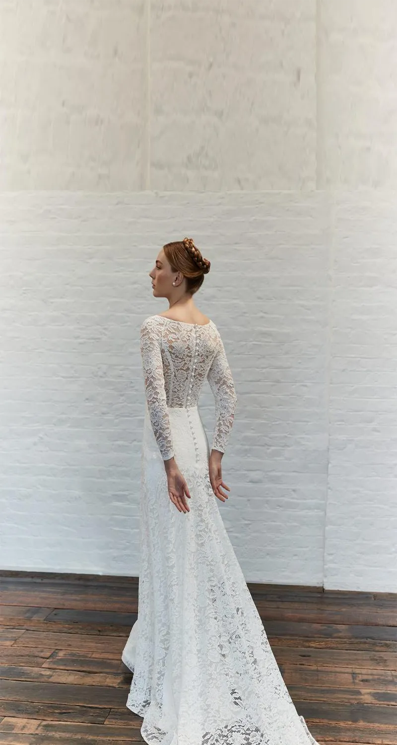 A-Line long Sleeves Square Neck Lace Wedding Dress With Cover Back