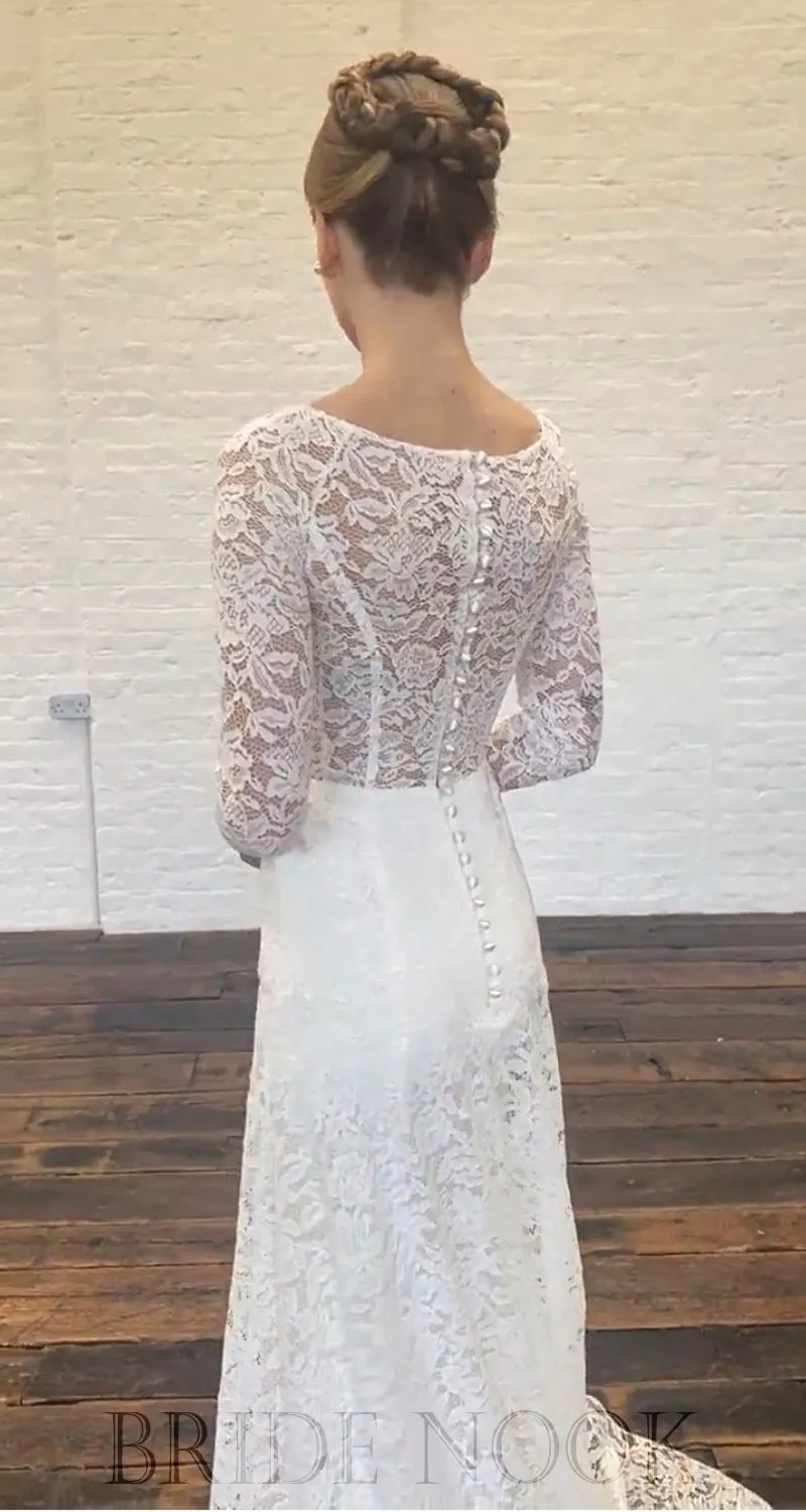 A-Line long Sleeves Square Neck Lace Wedding Dress With Cover Back