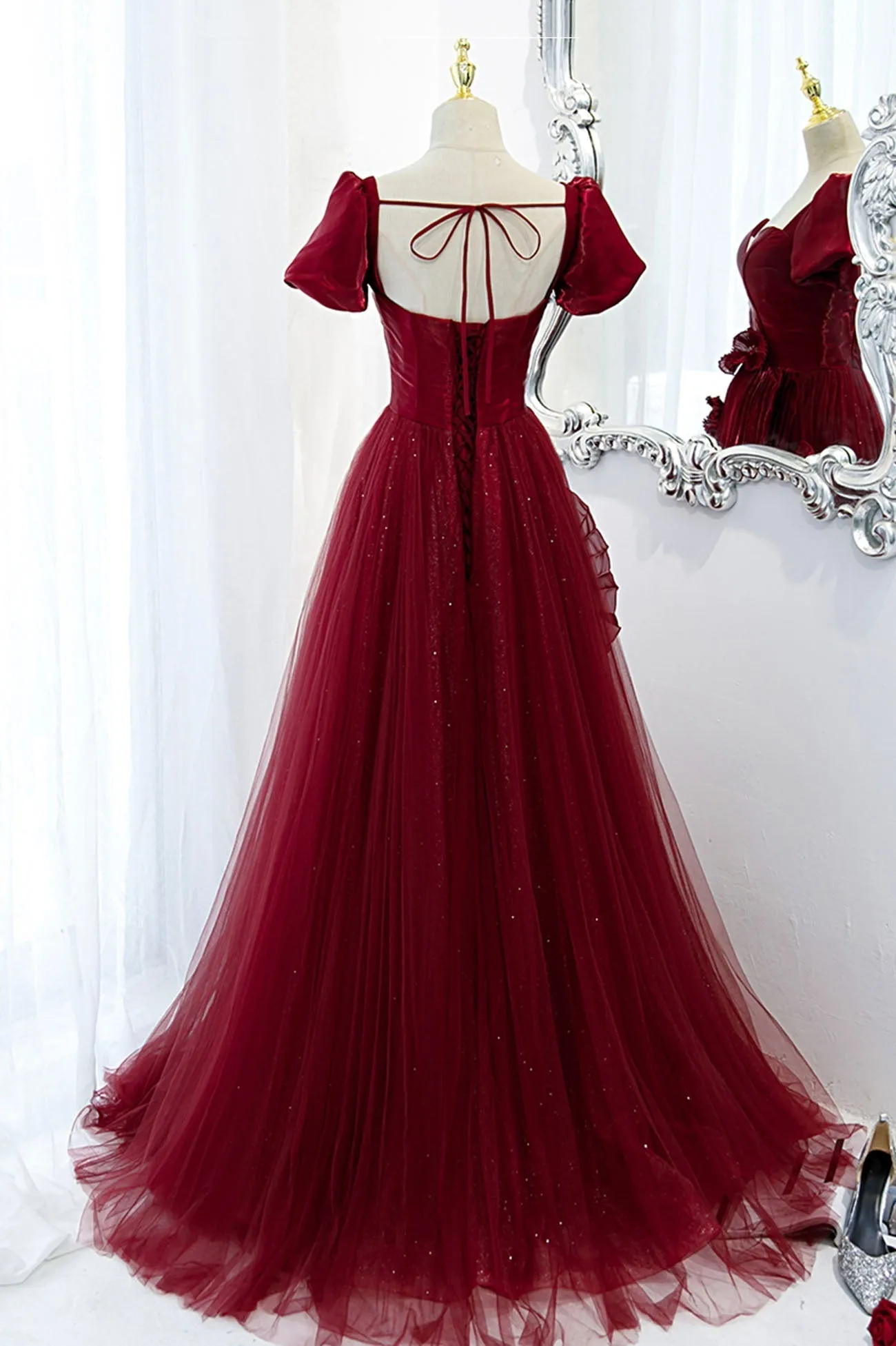 A-Line Satin Tulle Long Prom Dresses, Burgundy Evening Dresses